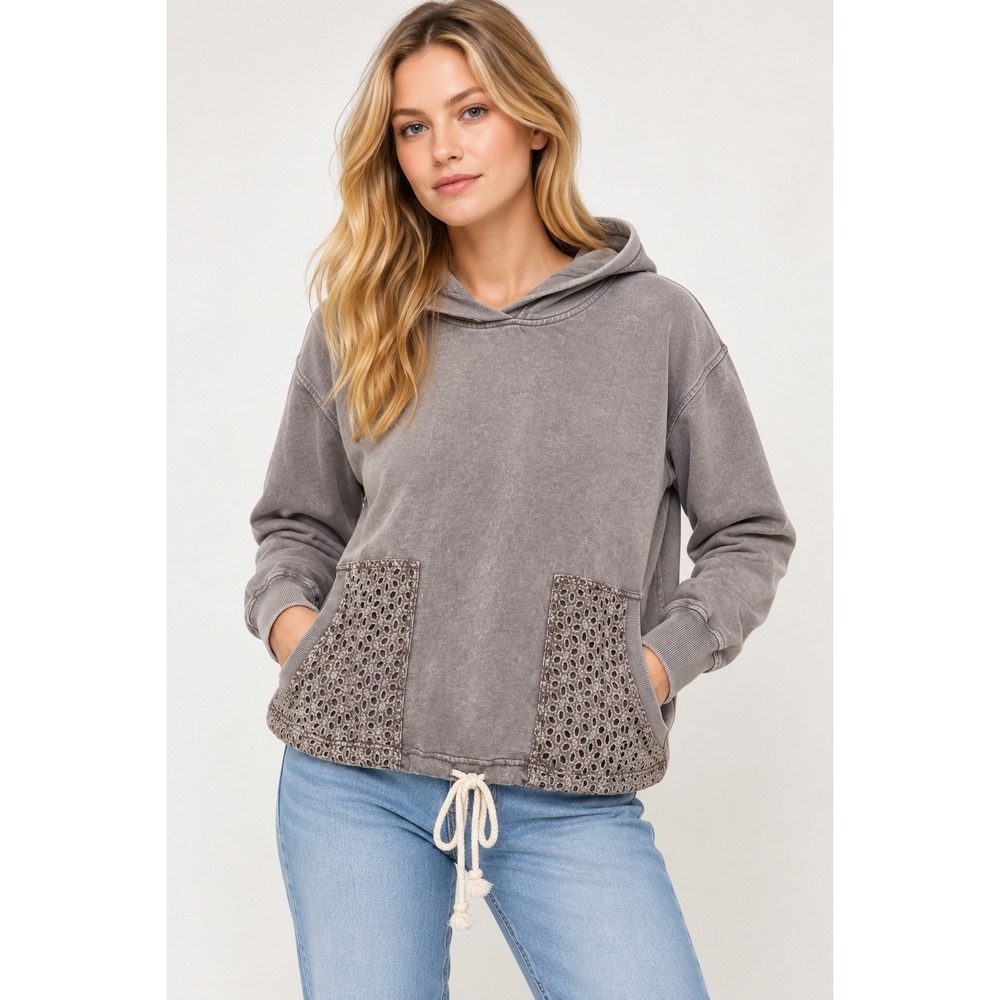 Jane + Delancey Gray Mineral Wash Eyelet Pocket Hoodie Cotton Blend Size M